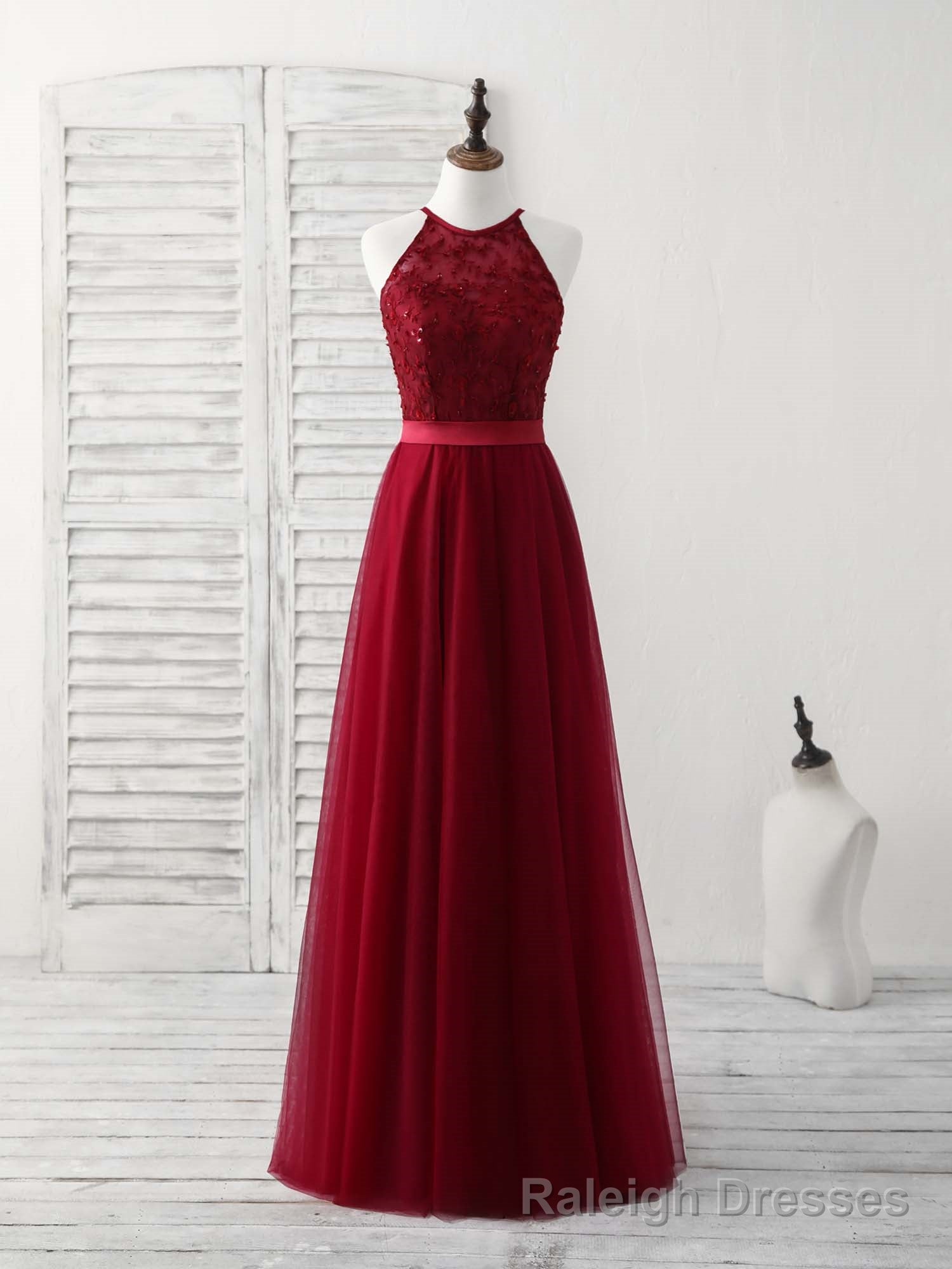 Burgundy Tulle Lace Long Prom Dress, Burgundy Bridesmaid Dress Main image