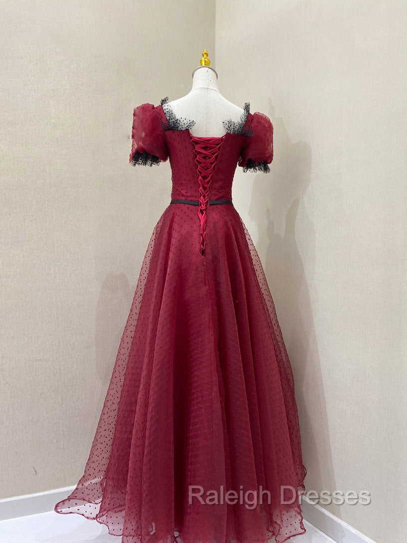 Burgundy Tulle Lace Long Prom Dress, Burgundy Prom Dress