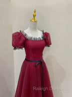 Burgundy Tulle Lace Long Prom Dress, Burgundy Prom Dress
