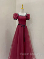 Burgundy Tulle Lace Long Prom Dress, Burgundy Prom Dress
