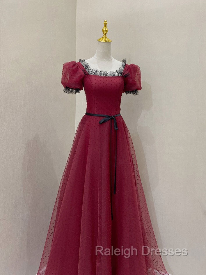 Burgundy Tulle Lace Long Prom Dress, Burgundy Prom Dress
