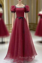 Burgundy Tulle Lace Long Prom Dress, Burgundy Prom Dress