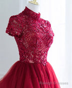 Burgundy Tulle Lace Long Prom Dress, Tulle Lace Prom Dress