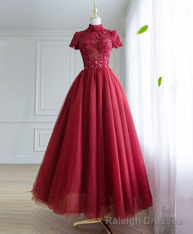Burgundy Tulle Lace Long Prom Dress, Tulle Lace Evening Dress Main image
