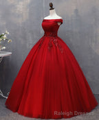 Burgundy Tulle Lace Off Shoulder Long Prom Gown Burgundy Evening Dress