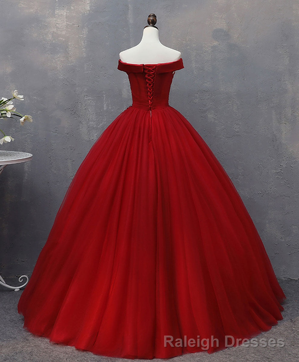 Burgundy Tulle Lace Off Shoulder Long Prom Gowns Burgundy Prom Dress