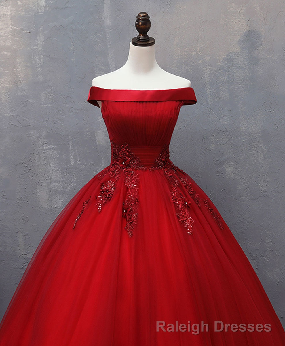 Burgundy Tulle Lace Off Shoulder Long Prom Gowns Burgundy Prom Dress