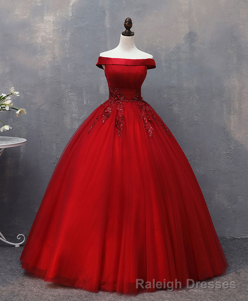 Burgundy Tulle Lace Off Shoulder Long Prom Gown Burgundy Evening Dress