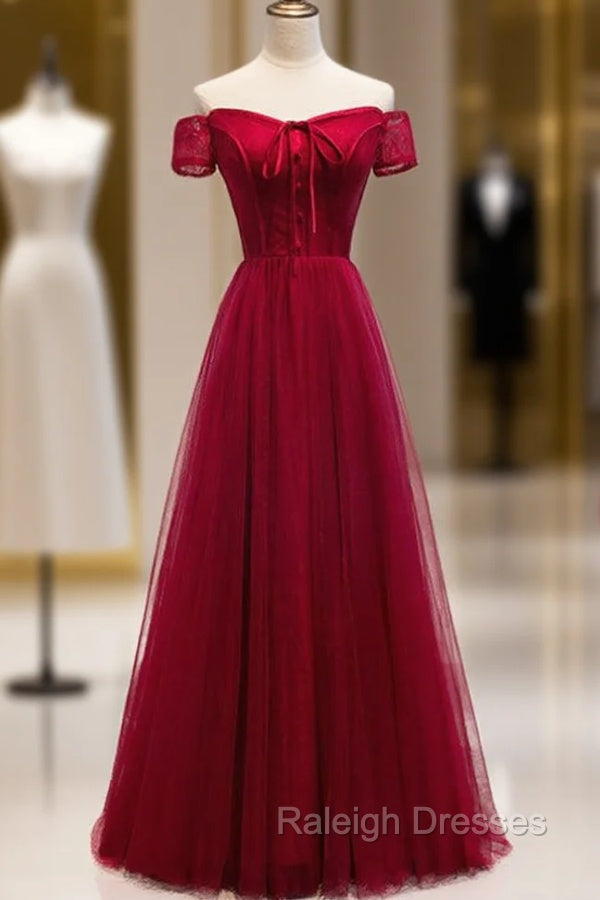 Burgundy Tulle Lace Off the Shoulder Prom Dress With Button