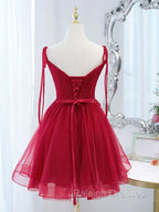 Burgundy Tulle Lace Short Prom Dress, Burgundy Homecoming Dress