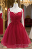 Burgundy Tulle Lace Short Prom Dress, Burgundy Homecoming Dress