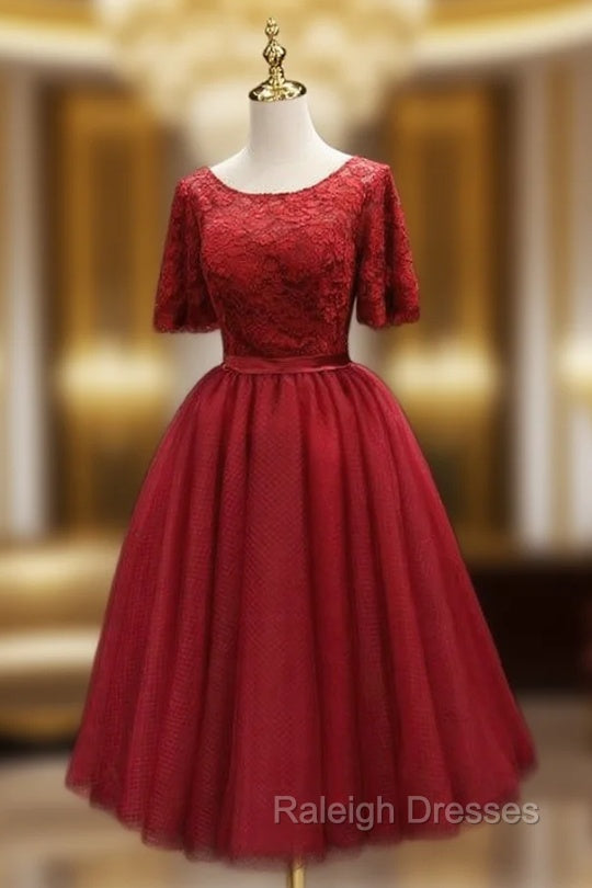 Burgundy Tulle Lace Short Sleeve Homecoming Dress Main image