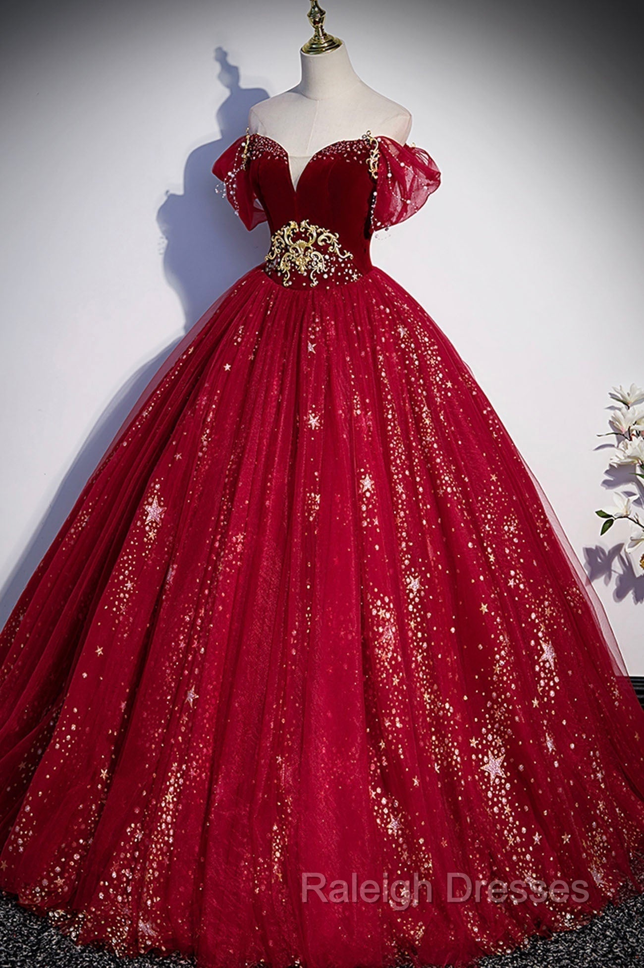 Burgundy Tulle Long A-Line Ball Gown, Off the Shoulder Evening Party Dress Secondary image