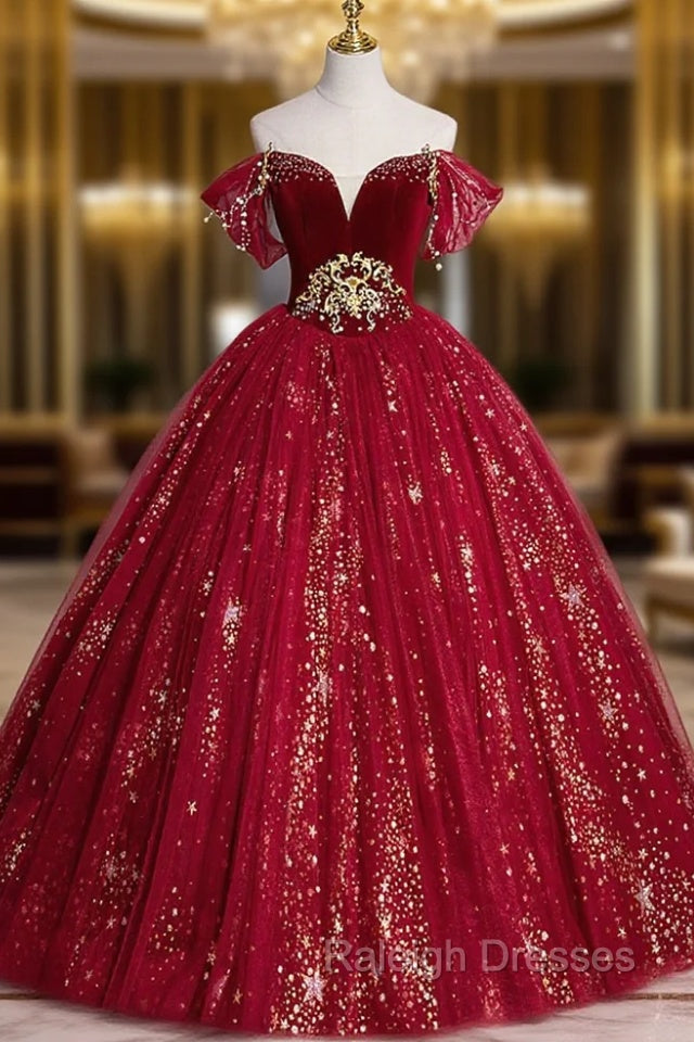 Burgundy Tulle Long A-Line Ball Gown, Off the Shoulder Evening Party Dress Main image