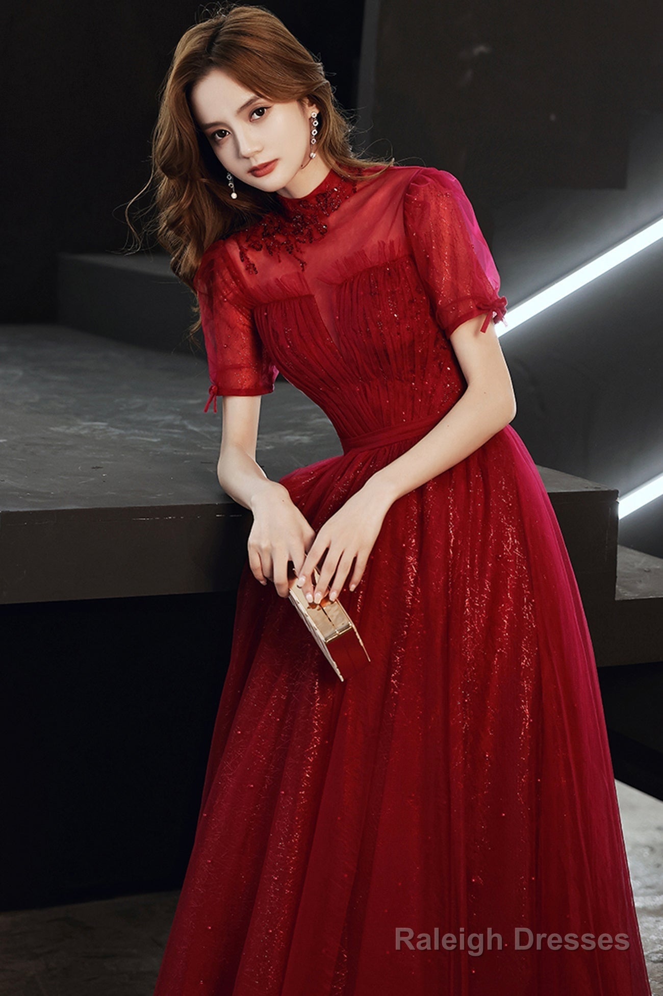 Burgundy Tulle Long A-Line Prom Dress, Burgundy Lace Evening Dress Secondary image