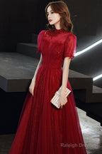 Burgundy Tulle Long A-Line Prom Dresses Burgundy Lace Prom Dresses