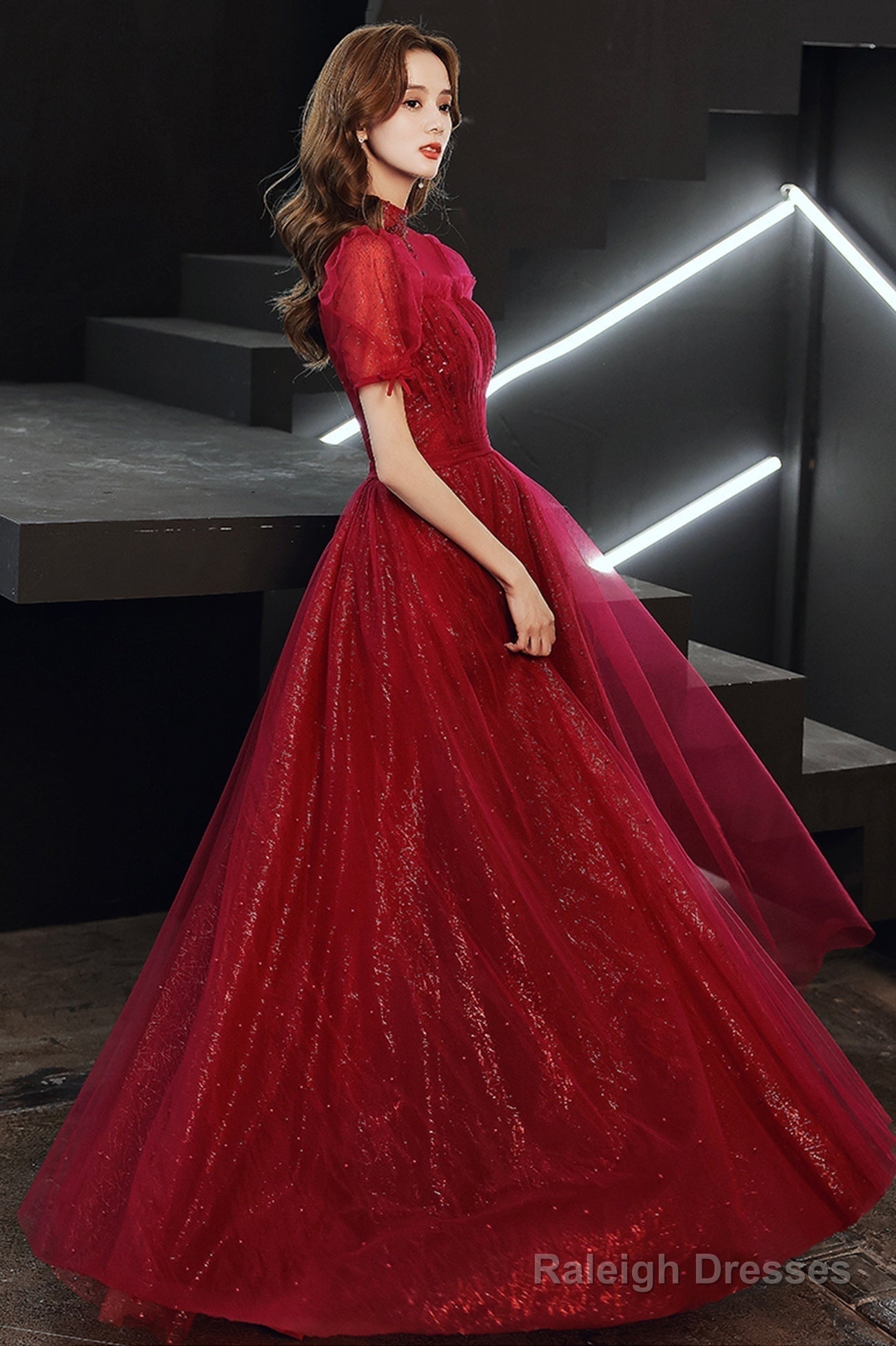 Burgundy Tulle Long A-Line Prom Dresses Burgundy Lace Prom Dresses