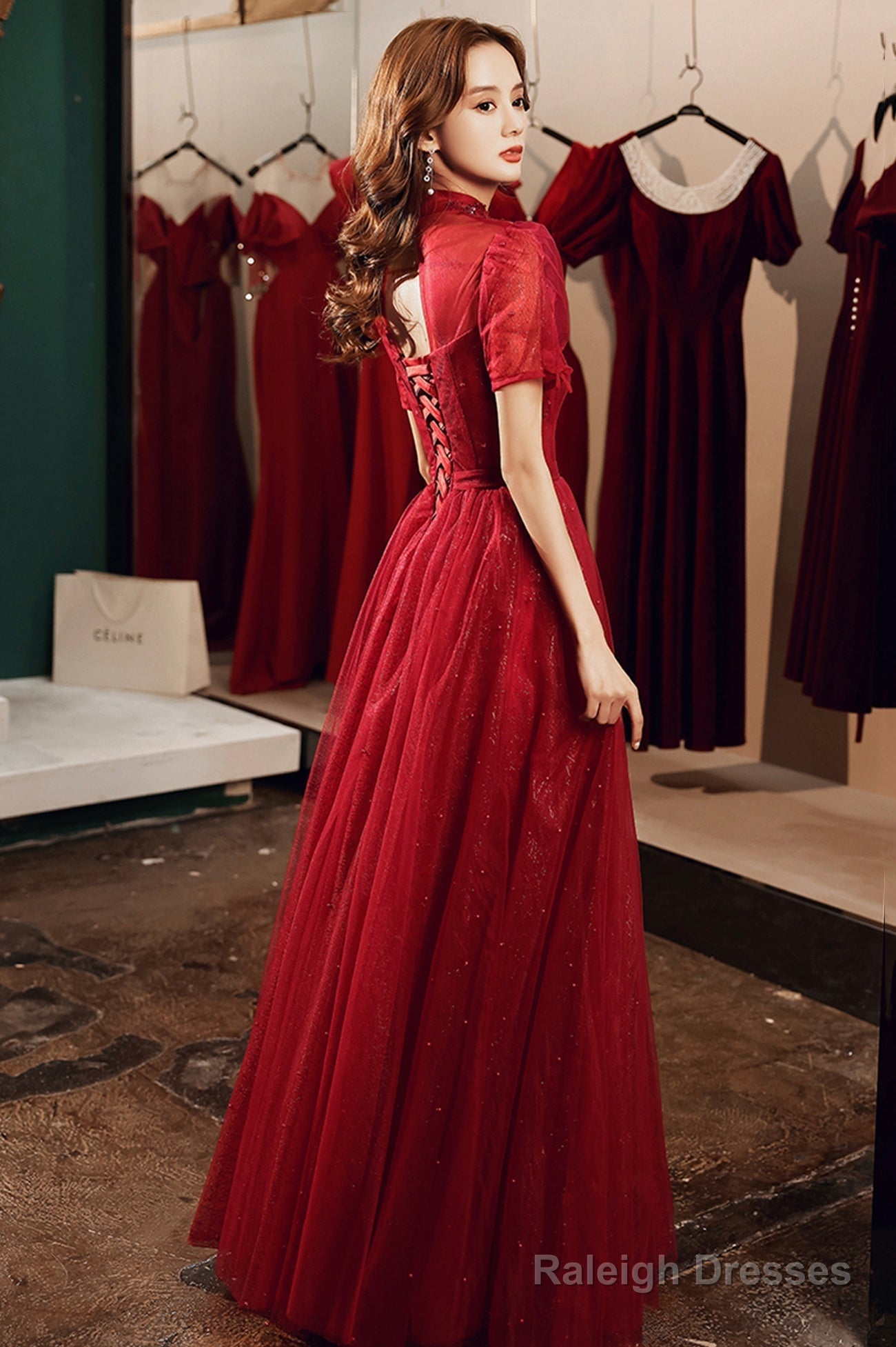 Burgundy Tulle Long A-Line Prom Dress, Burgundy Lace Evening Dress