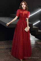 Burgundy Tulle Long A-Line Prom Dress, Burgundy Lace Evening Dress