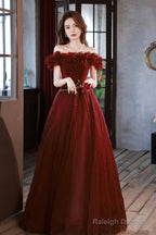 Burgundy Tulle Long A-Line Prom Dress, Cute Off The Shoulder Evening Dress