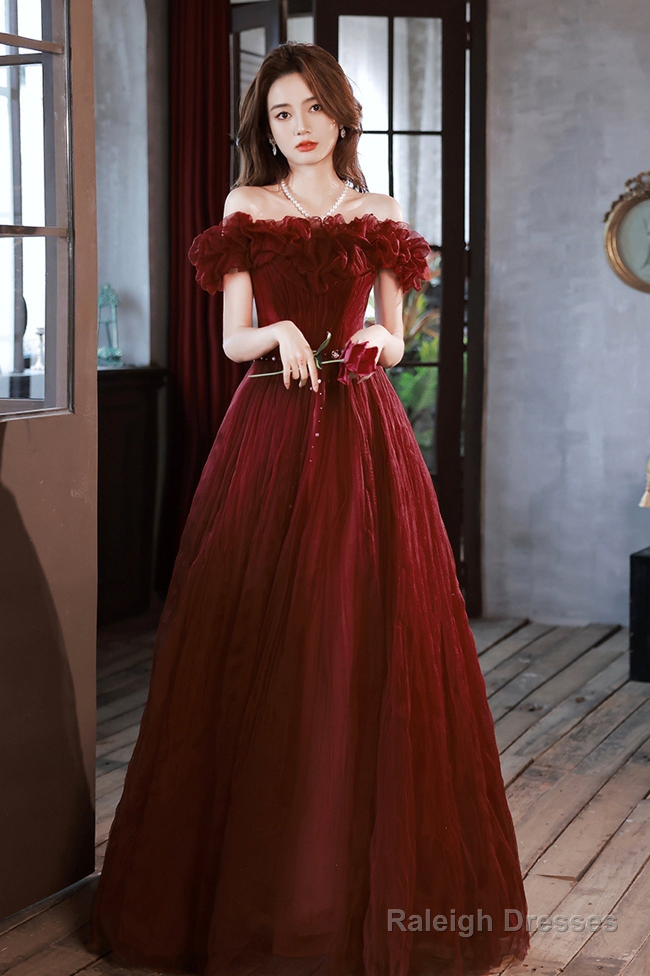 Burgundy Tulle Long A-Line Prom Dress, Cute Off The Shoulder Evening Dress