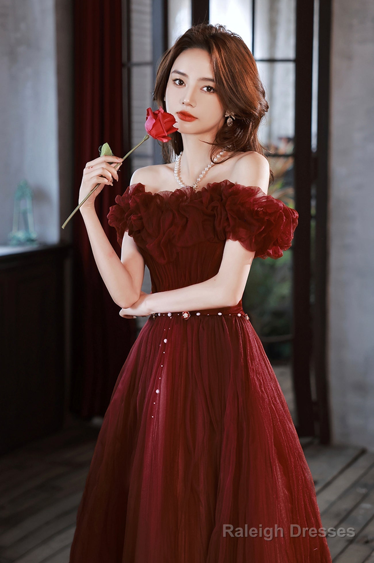 Burgundy Tulle Long A-Line Prom Dress, Cute Off The Shoulder Evening Dress