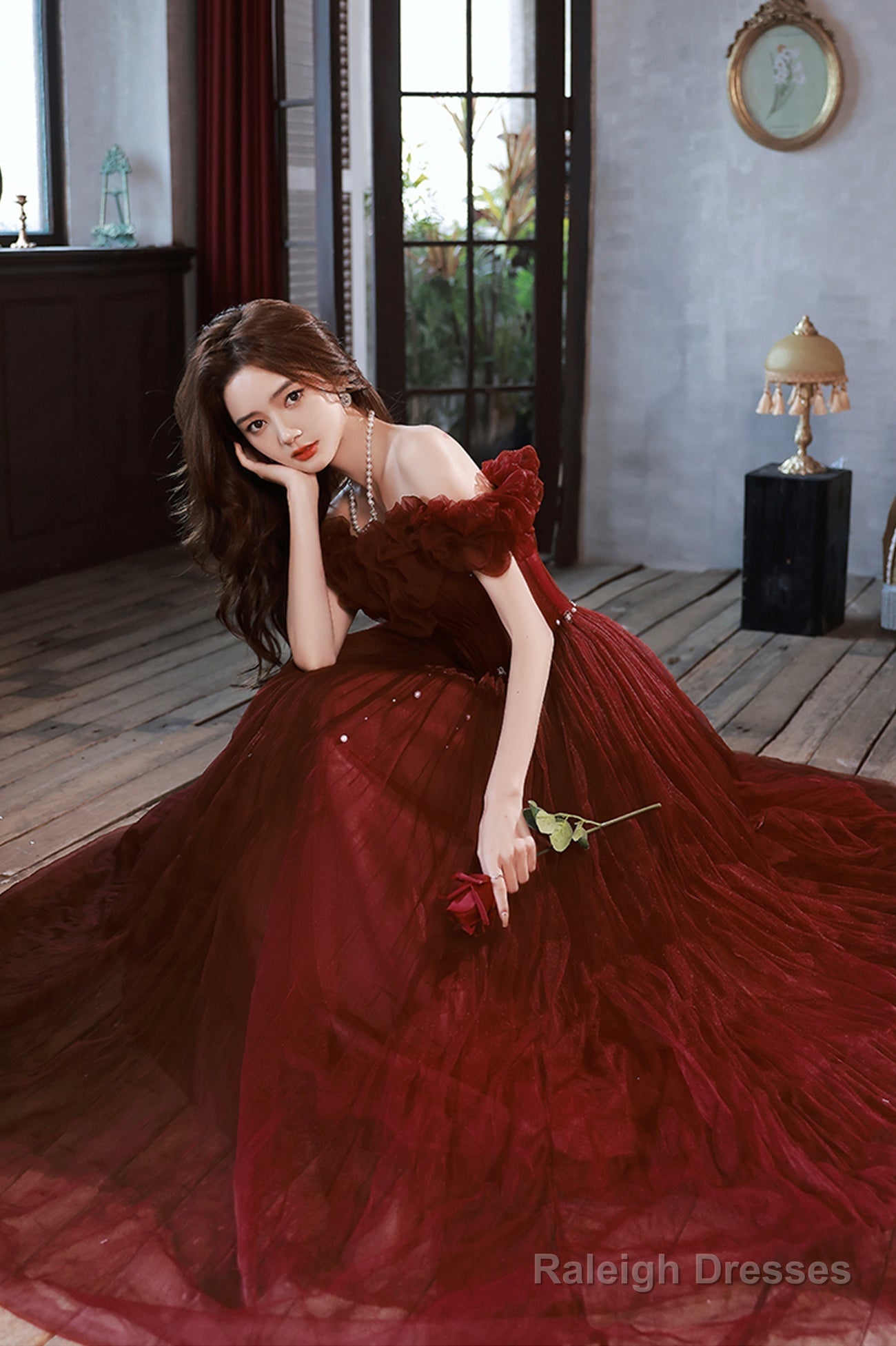 Burgundy Tulle Long A-Line Prom Dress, Cute Off The Shoulder Evening Dress