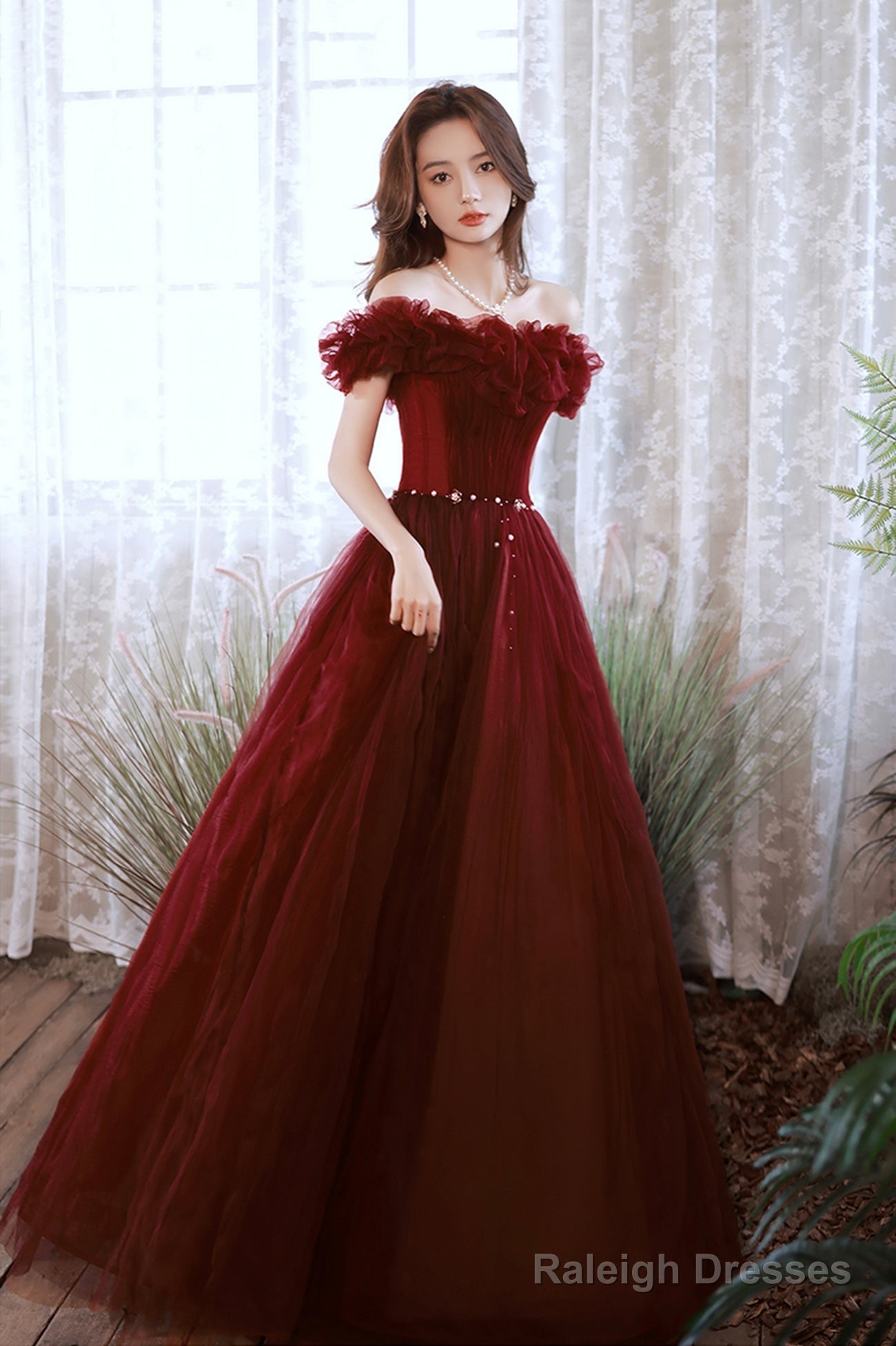 Burgundy Tulle Long A-Line Prom Dress, Cute Off The Shoulder Evening Dress Main image