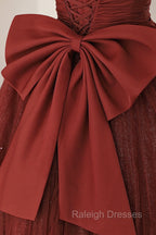 Burgundy Tulle Long A Line Prom Dress, Cute Short Sleeve Prom Dress