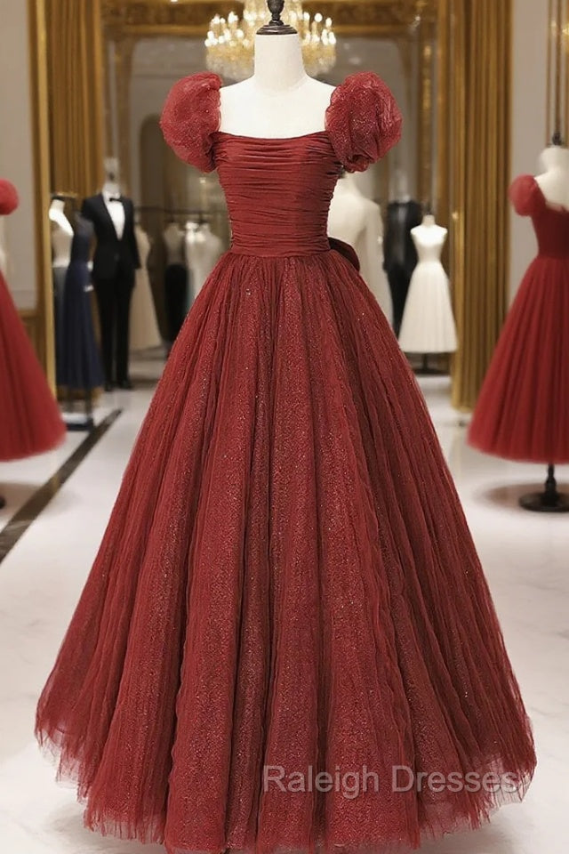 Burgundy Tulle Long A-Line Prom Dress, Cute Short Sleeve Evening Dress Main image