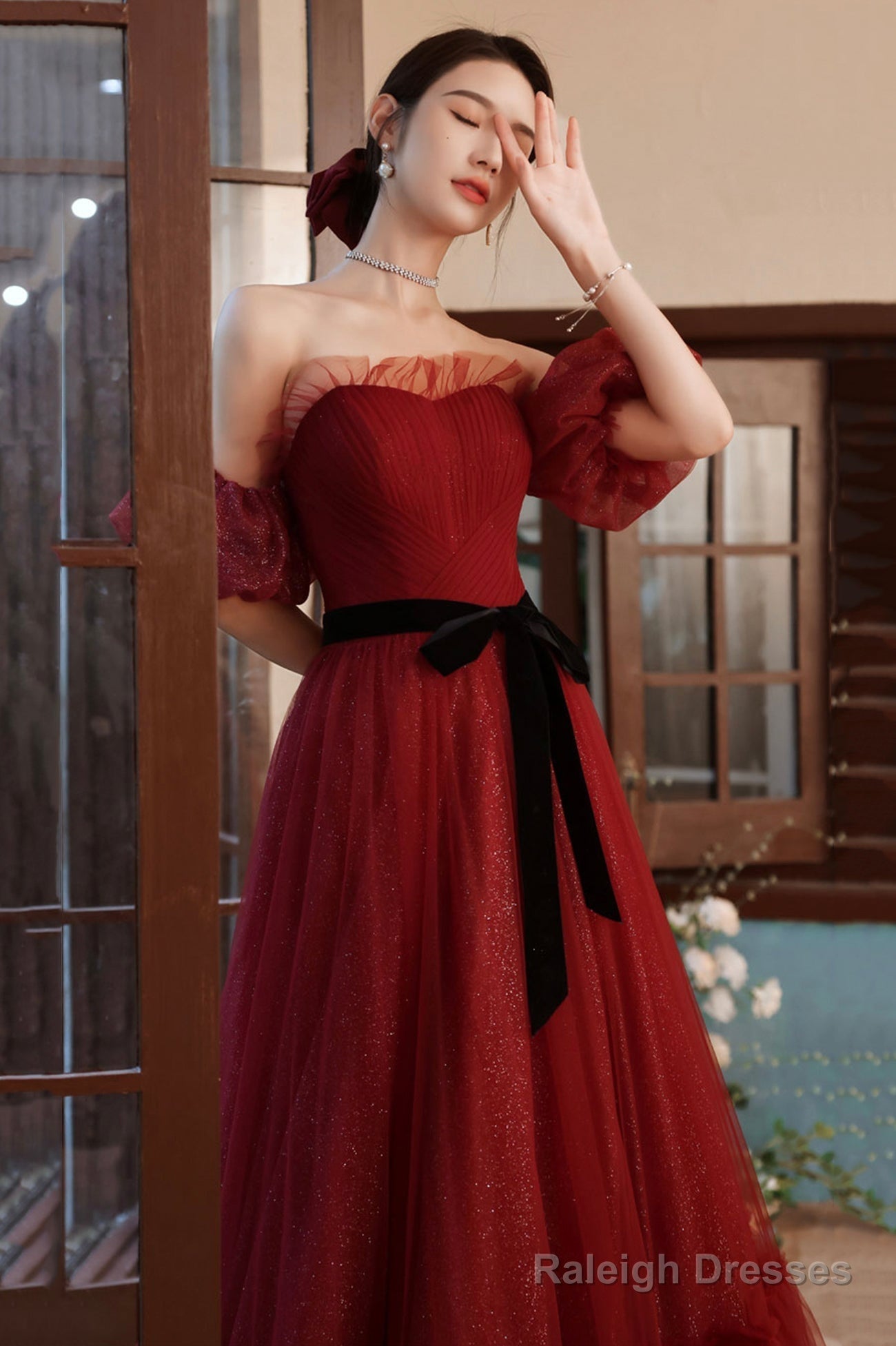 Burgundy Tulle Long A-Line Prom Dress, Off The Shoulder Evening Dress