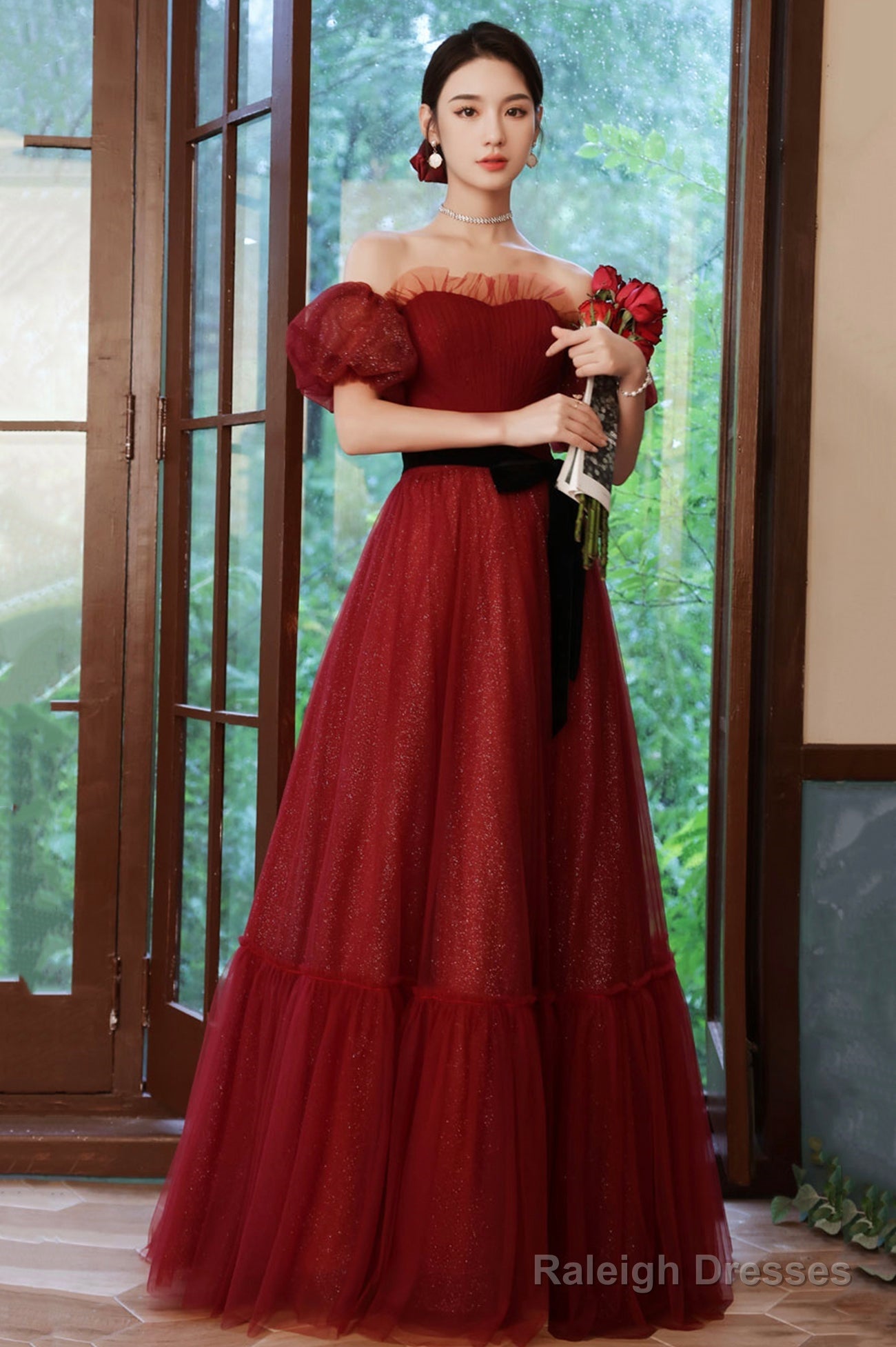 Burgundy Tulle Long A-Line Prom Dress, Off The Shoulder Evening Dress Main image