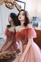 Burgundy Tulle Long A-Line Prom Dress, Off The Shoulder Graduation Dress