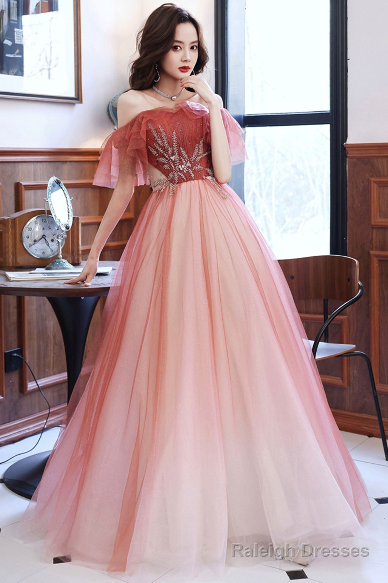 Burgundy Tulle Long A-Line Prom Dress, Off The Shoulder Graduation Dress