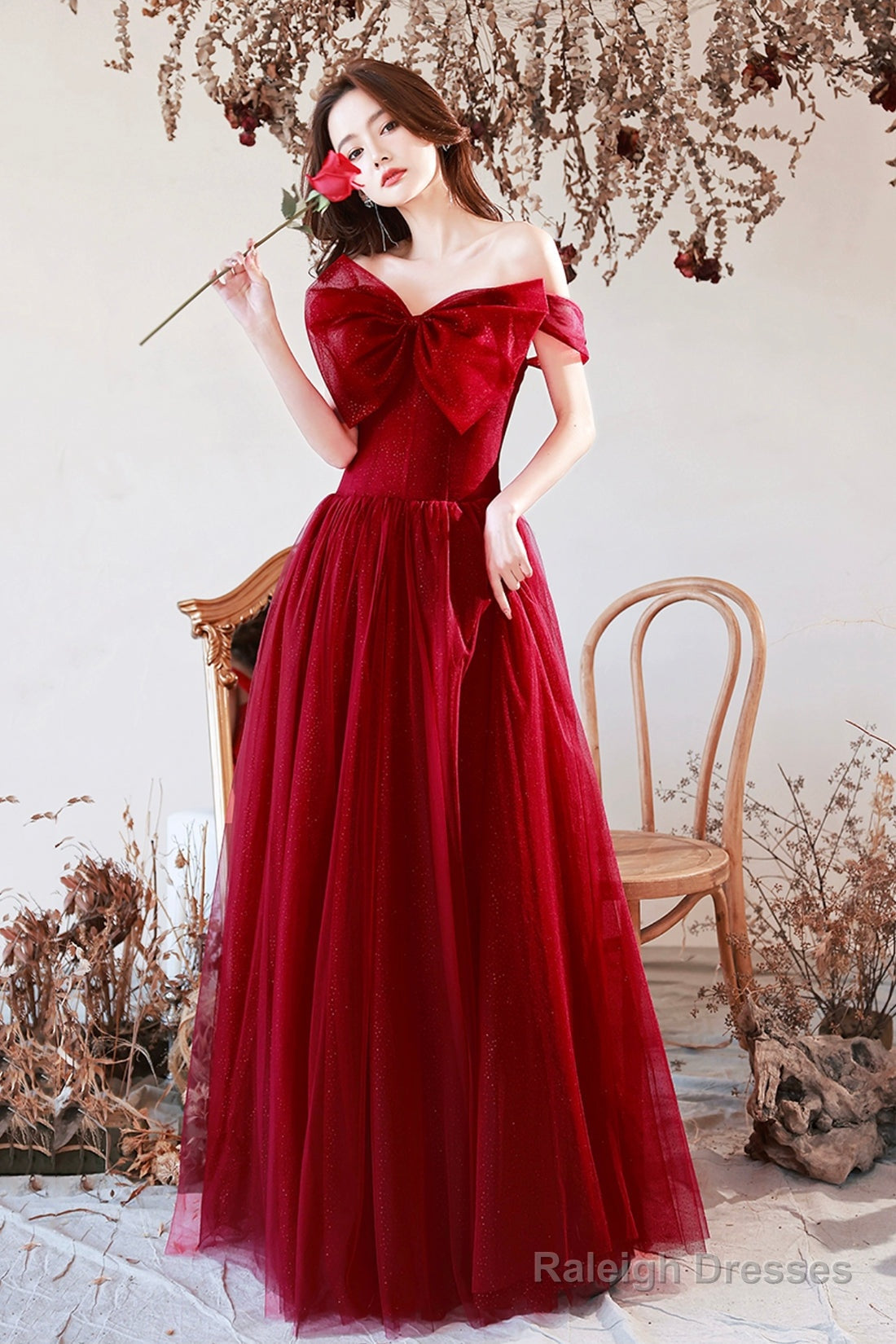 Burgundy Tulle Long A-Line Prom Dress With Bow, Burgundy Evening Graduation Dress Secondary image