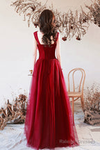 Burgundy Tulle Long A-Line Prom Dress With Bow, Burgundy Evening Graduation Dress
