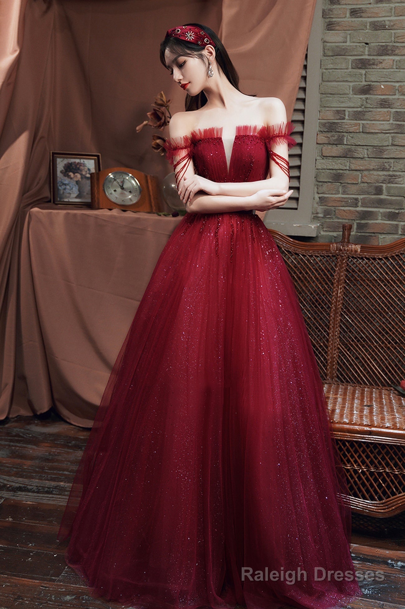 Burgundy Tulle Long A-Line Prom With Beaded, Off The Shoulder Evening Party Dress Secondary image