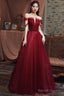 Burgundy Tulle Long A-Line Prom With Beaded, Off The Shoulder Evening Party Dress