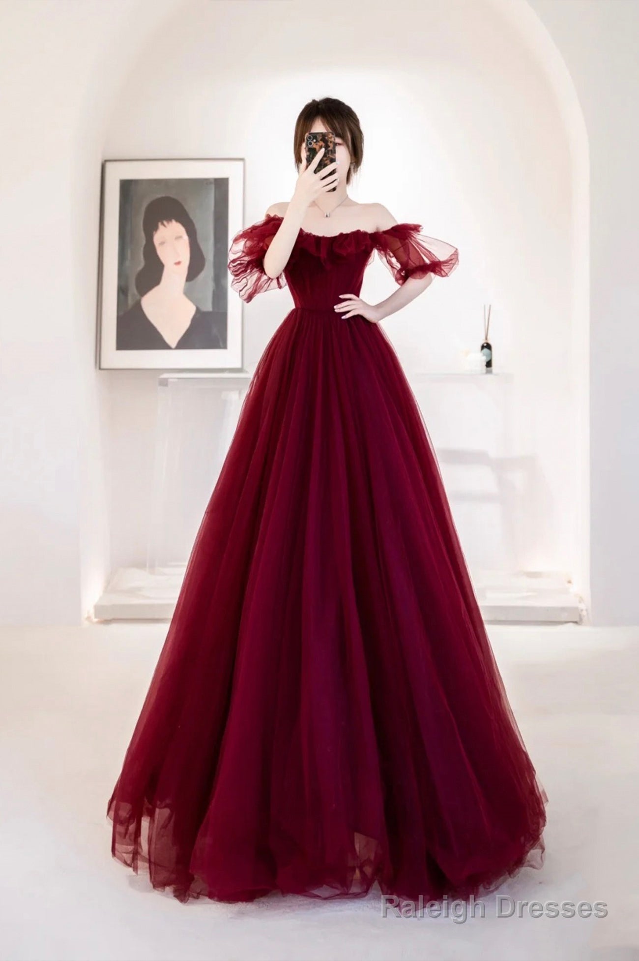 Burgundy Tulle Long Evening Dress, Cute A-Line Off The Shoulder Graduation Dress Main image