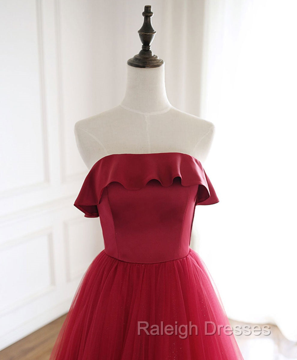 Burgundy Tulle Long Prom Dress, A line Burgundy Formal Prom Dress