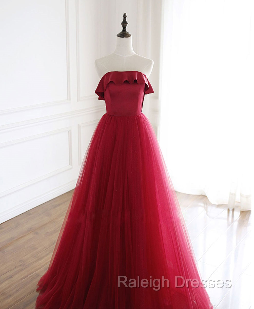 Burgundy Tulle Long Prom Dress, A line Burgundy Formal Party Dress