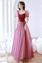 Burgundy Tulle Long Prom Dress, A-Line Short Sleeves Evening Dress