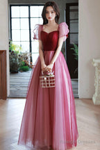 Burgundy Tulle Long Prom Dress, A-Line Short Sleeves Evening Dress
