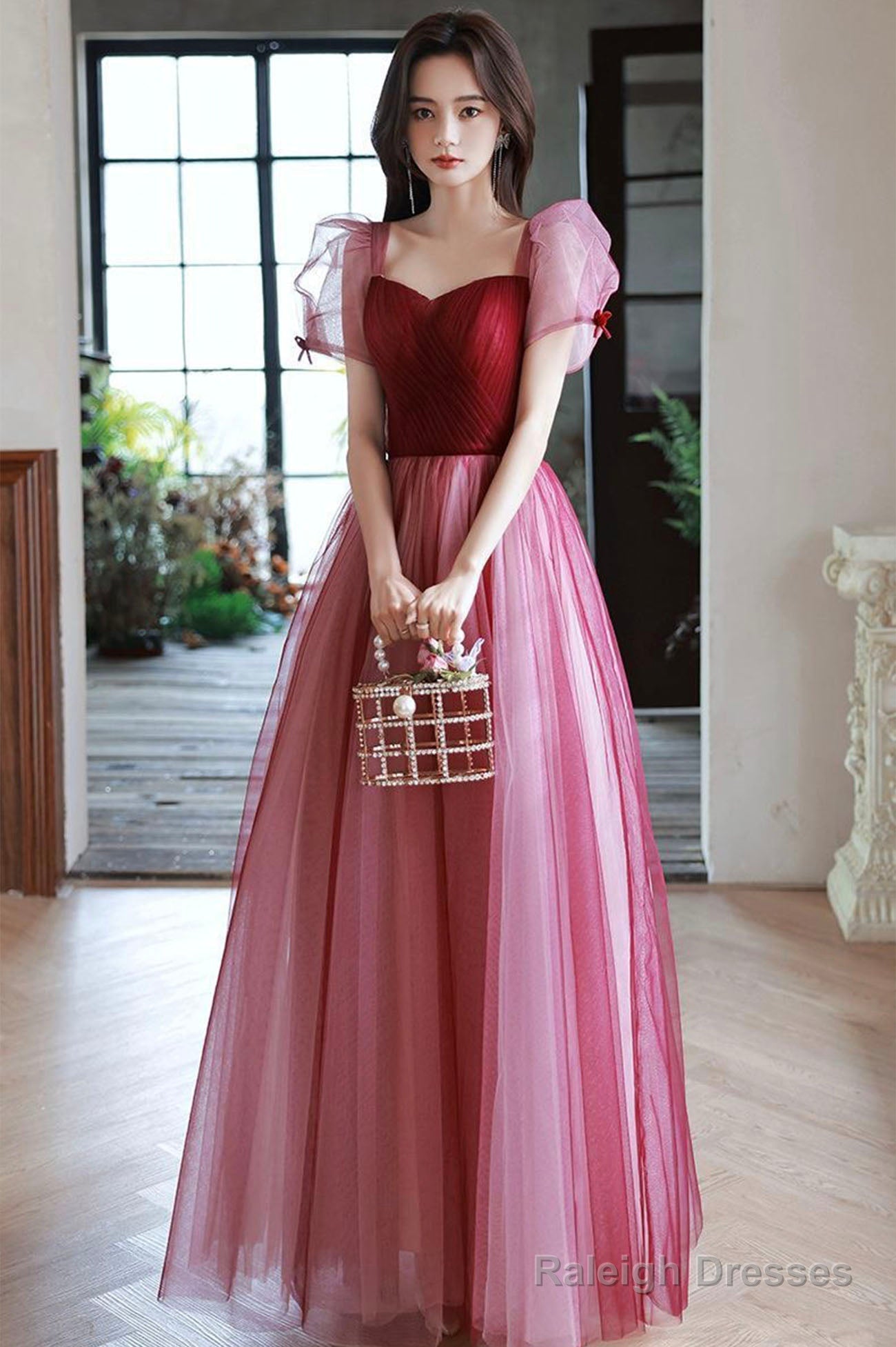 Burgundy Tulle Long Prom Dress, A-Line Short Sleeves Evening Dress