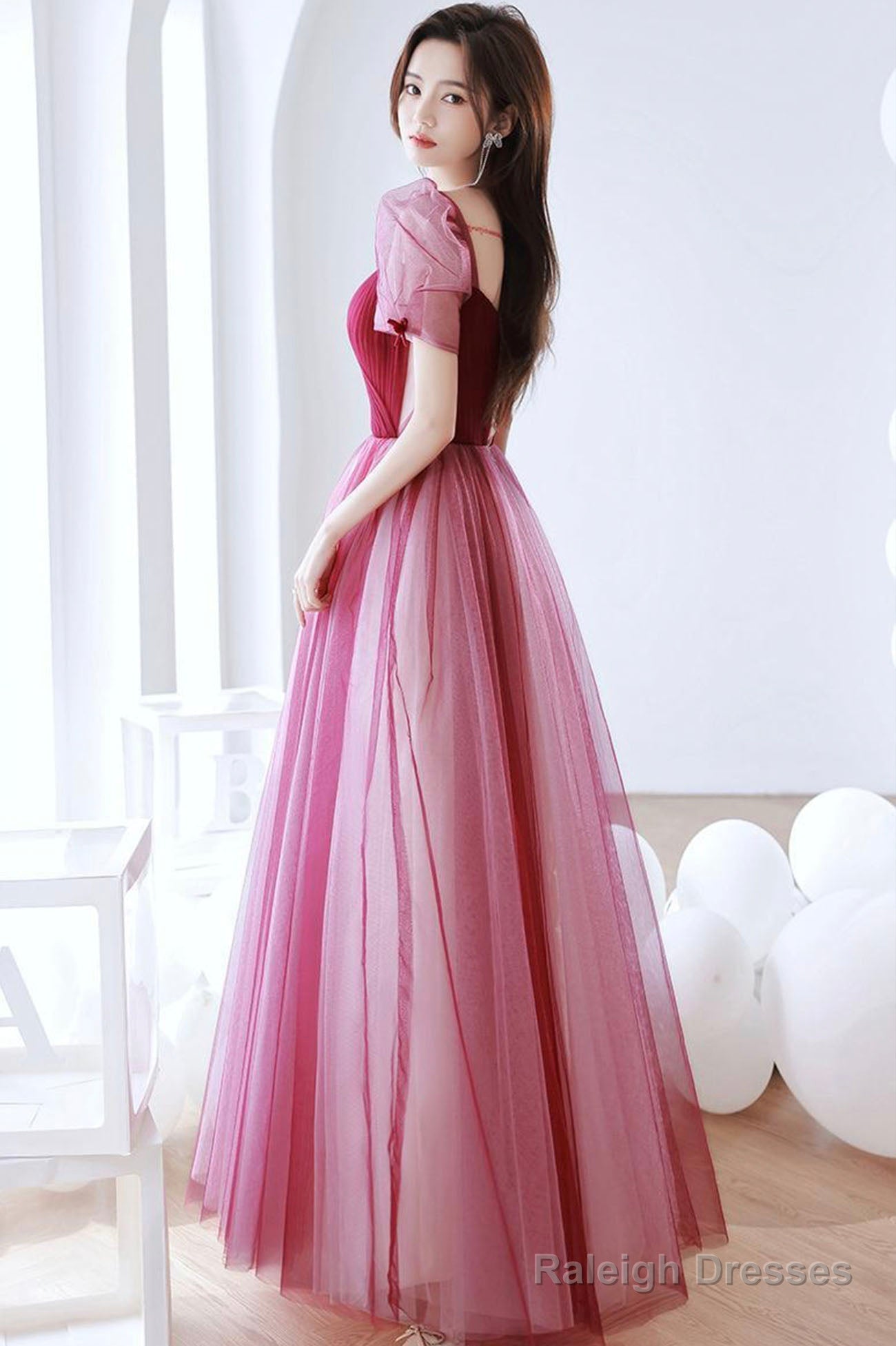Burgundy Tulle Long Prom Dress, A-Line Short Sleeves Evening Dress