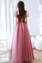 Burgundy Tulle Long Prom Dress, A-Line Short Sleeves Evening Dress