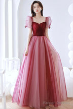 Burgundy Tulle Long Prom Dresses A-Line Short Sleeves Prom Dresses