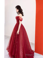 Burgundy Tulle Long Prom Dress, Beautiful A-Line Off The Shoulder Evening Party Dress