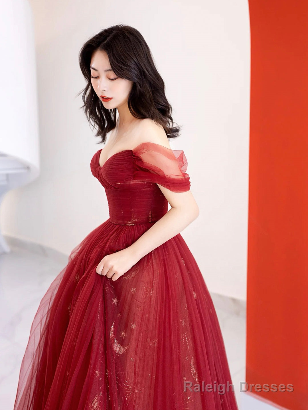 Burgundy Tulle Long Prom Dress, Beautiful A-Line Off The Shoulder Evening Party Dress