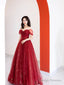 Burgundy Tulle Long Prom Dress, Beautiful A-Line Off The Shoulder Evening Party Dress